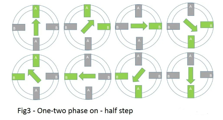 單相和雙相交替通電，實現半步驅動的概念。單相通電時，線圈產生磁場，磁鐵因為磁場的吸引力，指向通電的線圈。雙相通電時，因為兩個線圈都產生磁場，所以合成磁場讓轉子處于中間平衡位置。